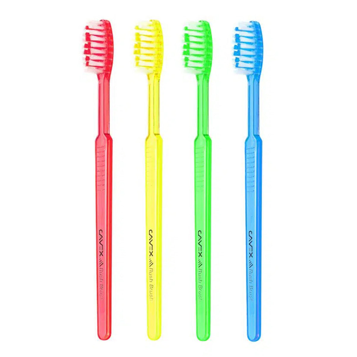 Cavex Rush Brush tandenborstels in rood, geel, groen en blauw naast elkaar