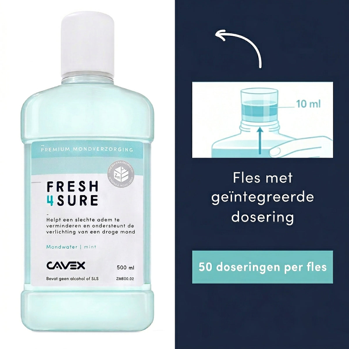Cavex Fresh4sure mondwaterfles met geïntegreerde dosering van 10 ml, 50 doseringen per fles