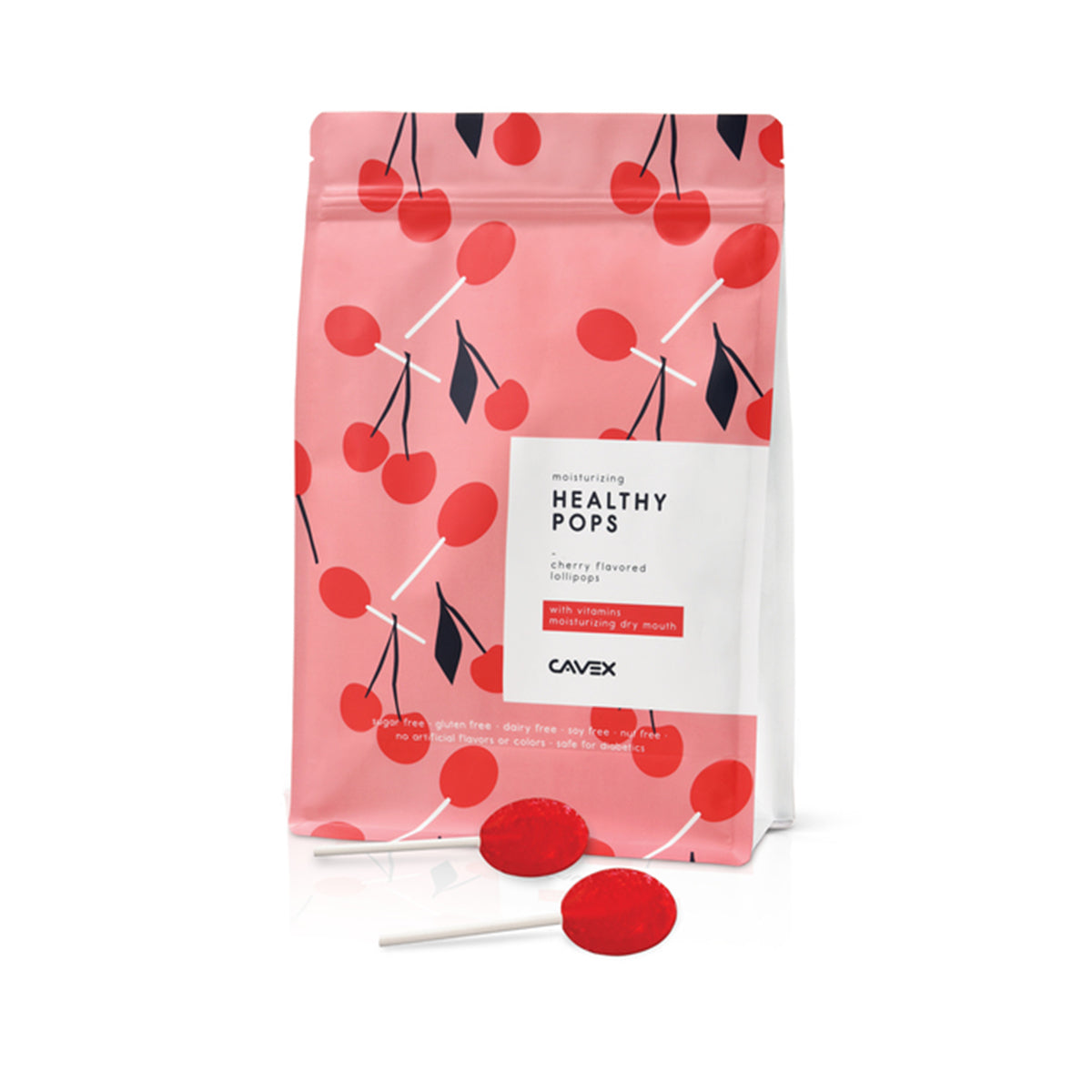 Cavex Healthypops Cherry zak met kersenprint en rode lolly ernaast