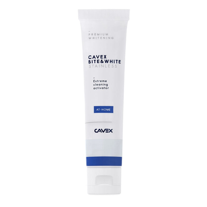 Cavex Bite & White Stainless tandpasta tube met blauw-witte verpakking rechtop