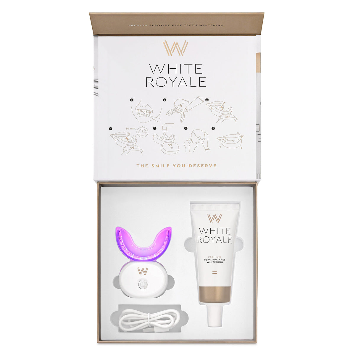 White Royale Premium Peroxide Free Teeth Whitening set met lichtbitje, tandgel en oplaadkabel in doos
