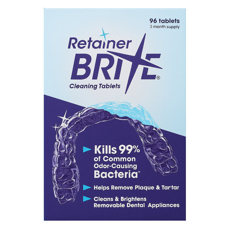 Retainer Brite reinigingstabletten verpakking met 96 tabletten en beugel