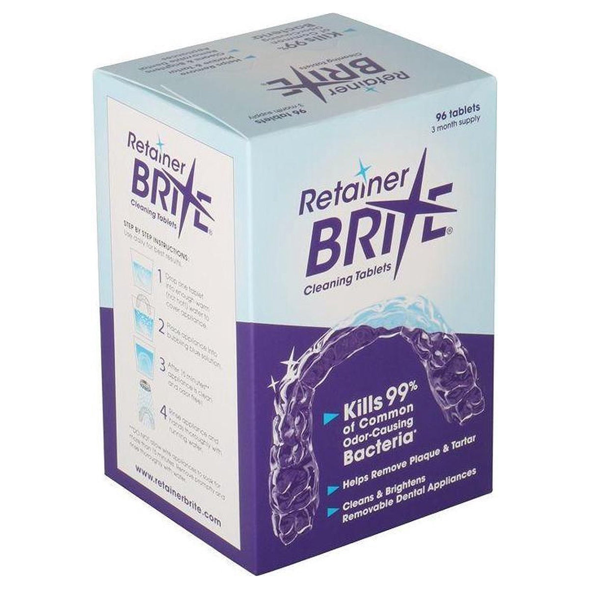 Retainer Brite reinigingstabletten verpakking met gebruiksinstructies en beugel afbeelding