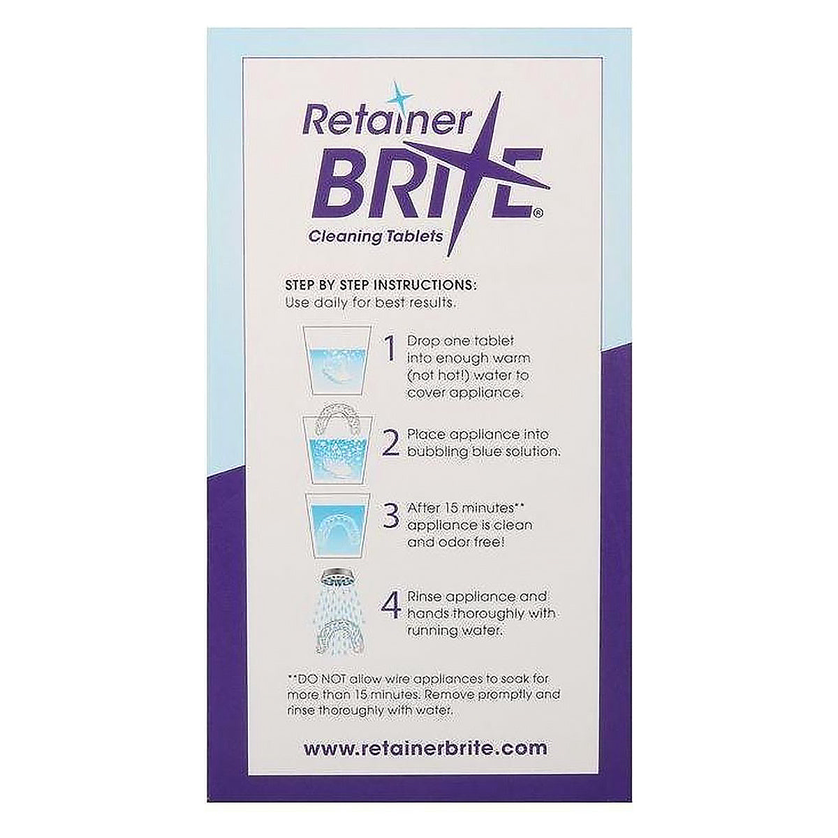 Retainer Brite reinigingstabletten verpakking met stappenplan voor gebruik in vier stappen