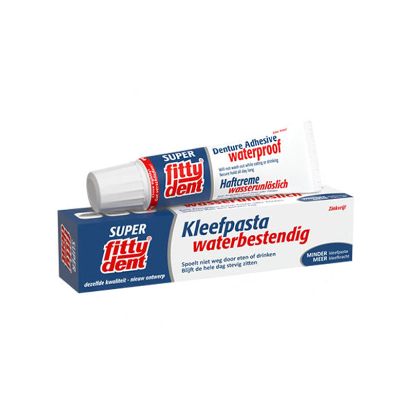 Fittydent Super kleefpasta waterbestendig, tube liggend op verpakking