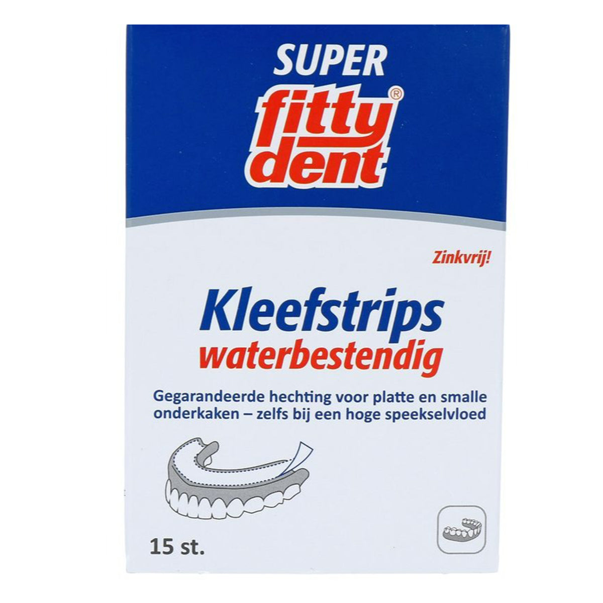 Fittydent Super Kleefstrips waterbestendig verpakking met 15 stuks, zinkvrij