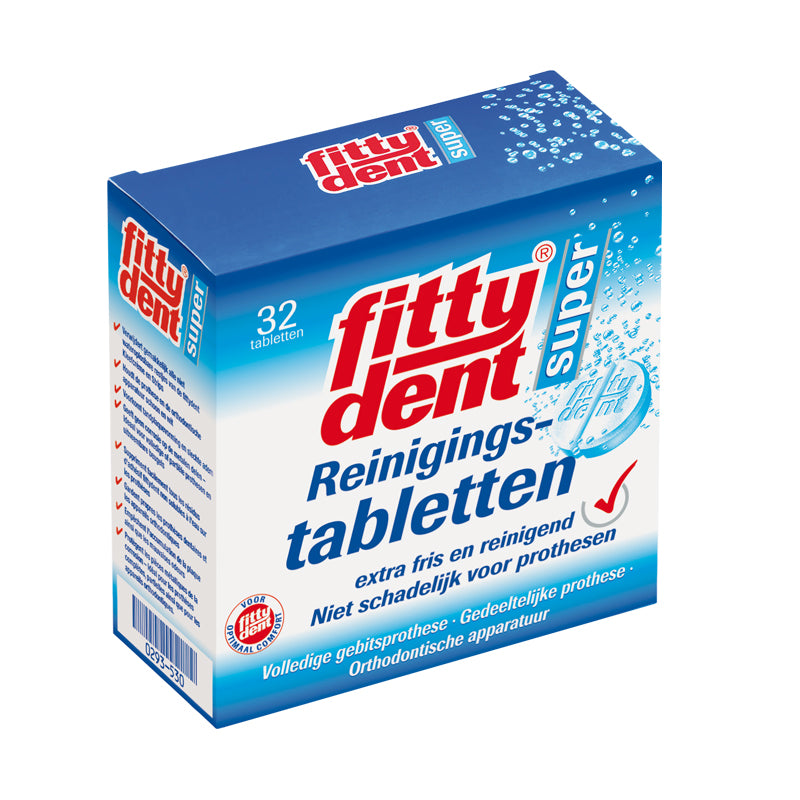 Fittydent Super reinigingstabletten, blauwe verpakking met 32 tabletten voor gebitsprothesen