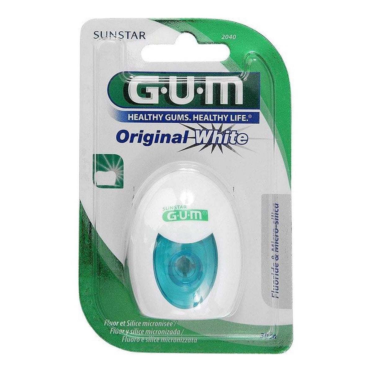 GUM Original White floss verpakking met tandendoosje en fluoride-informatie op zijkant
