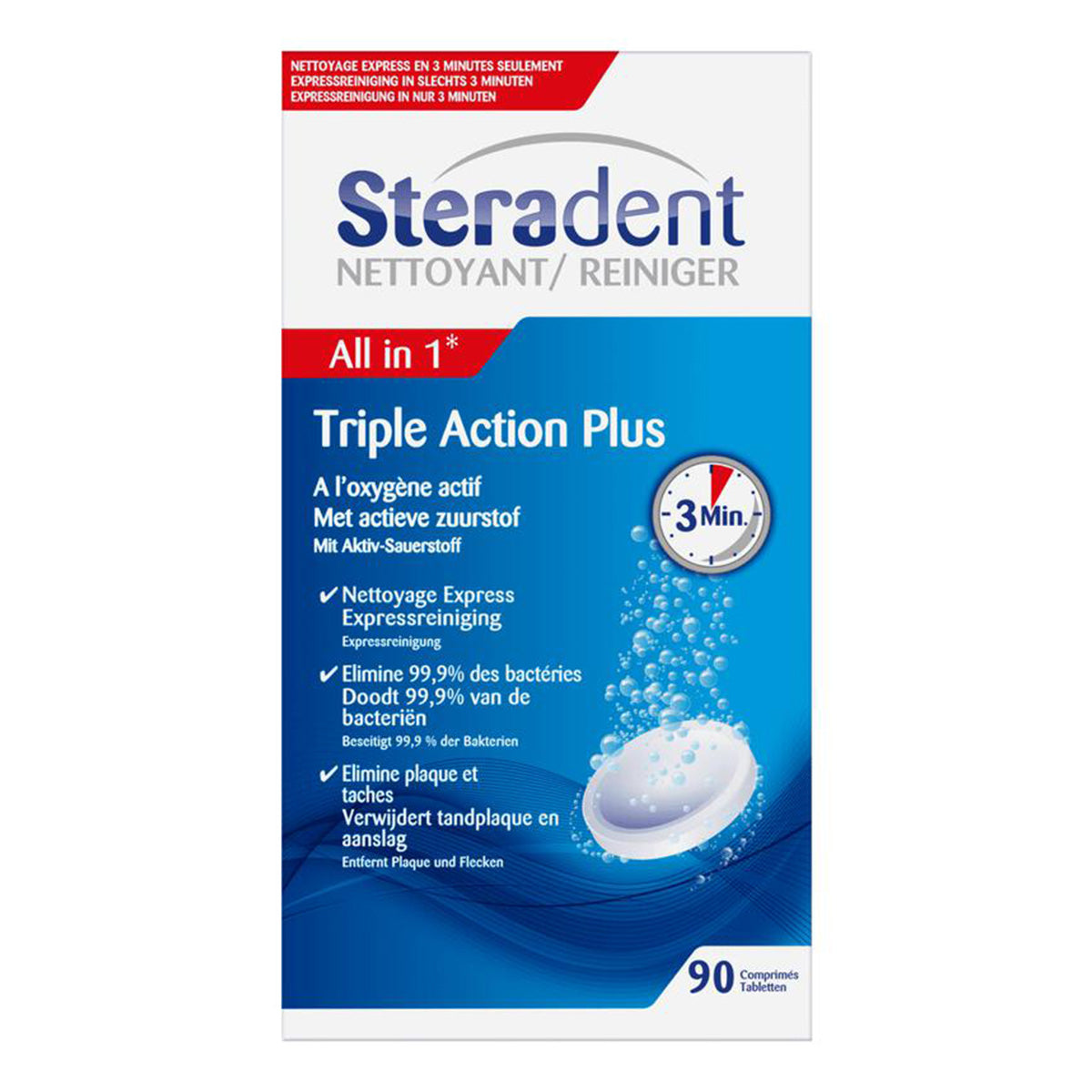 Steradent Reiniger Triple Active Plus verpakking met 90 tabletten, expresreiniging in 3 minuten