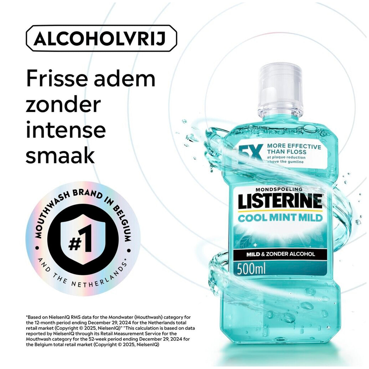 Listerine Coolmint mondwater fles 500ml met tekst frisse adem zonder intense smaak