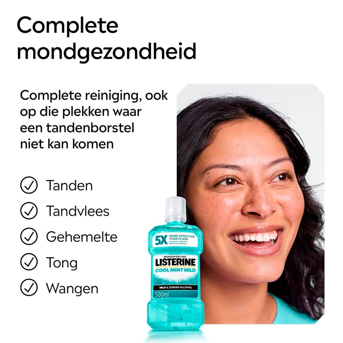 Listerine Coolmint mondwater fles met lachende vrouw en voordelenlijst mondgezondheid