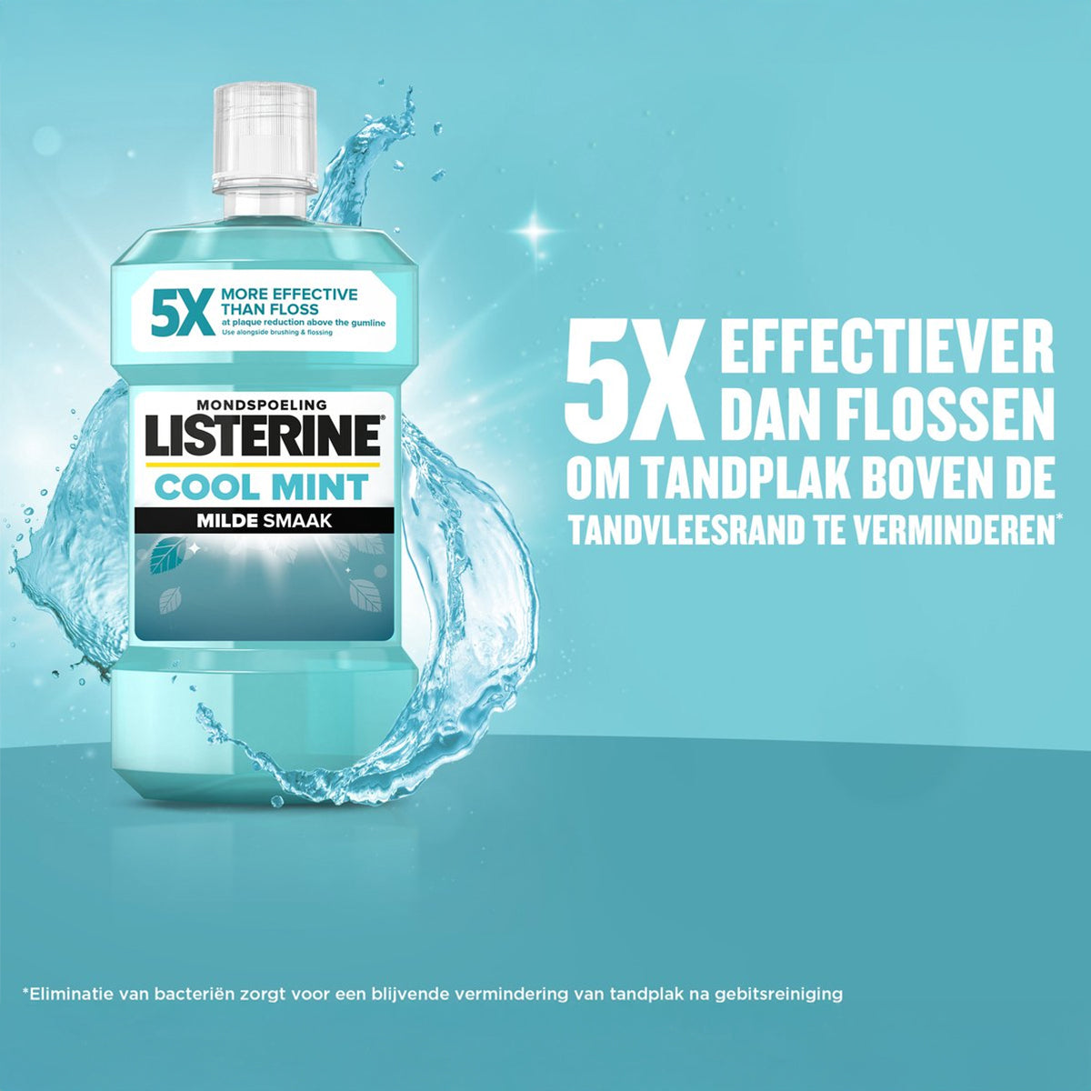 Listerine Coolmint mild mondwater fles met waterspetters en tekst 5x effectiever dan flossen