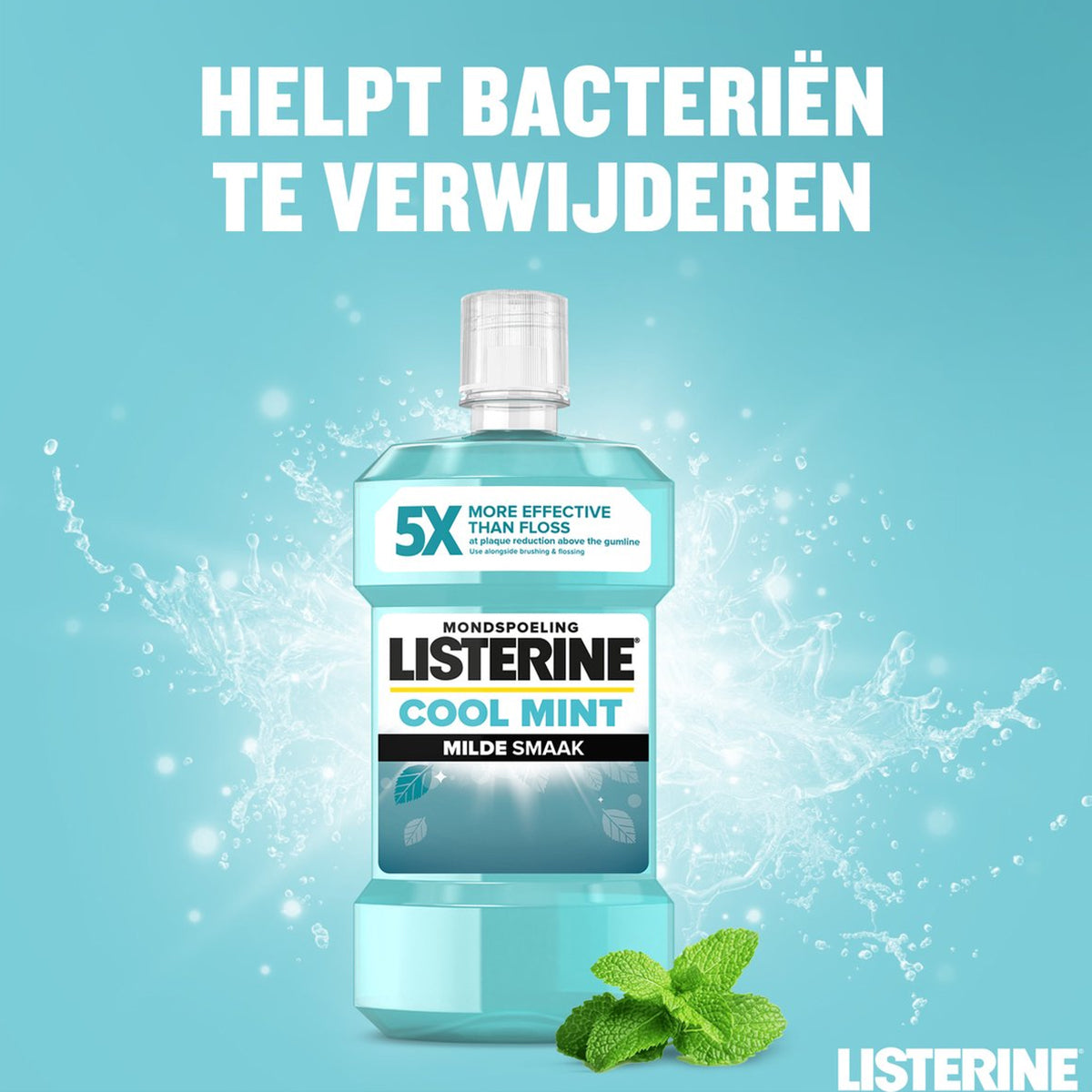 Listerine Coolmint mild mondwater fles met tekst helpt bacteriën te verwijderen