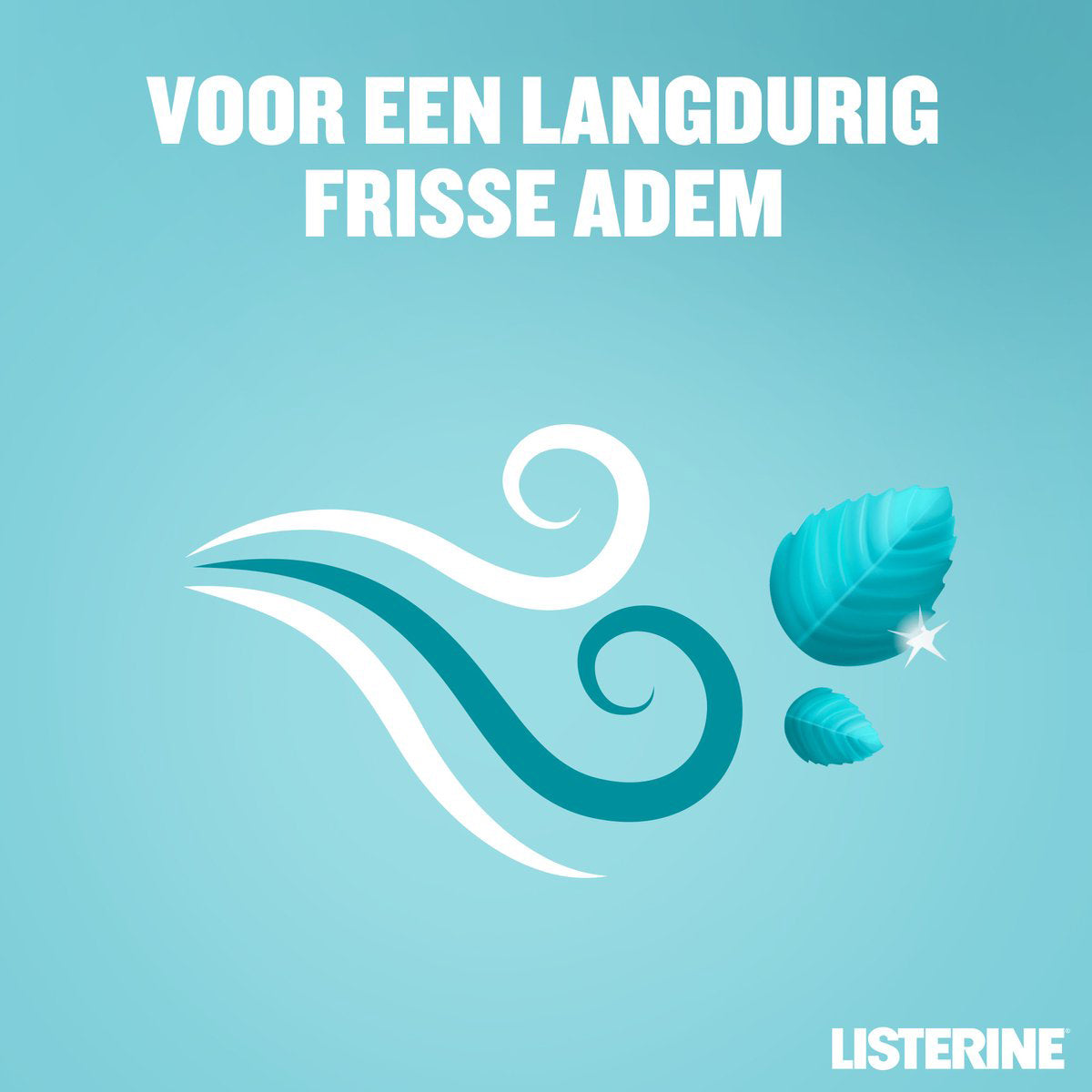 Listerine Coolmint muntblaadjes en windmotief met tekst voor langdurig frisse adem