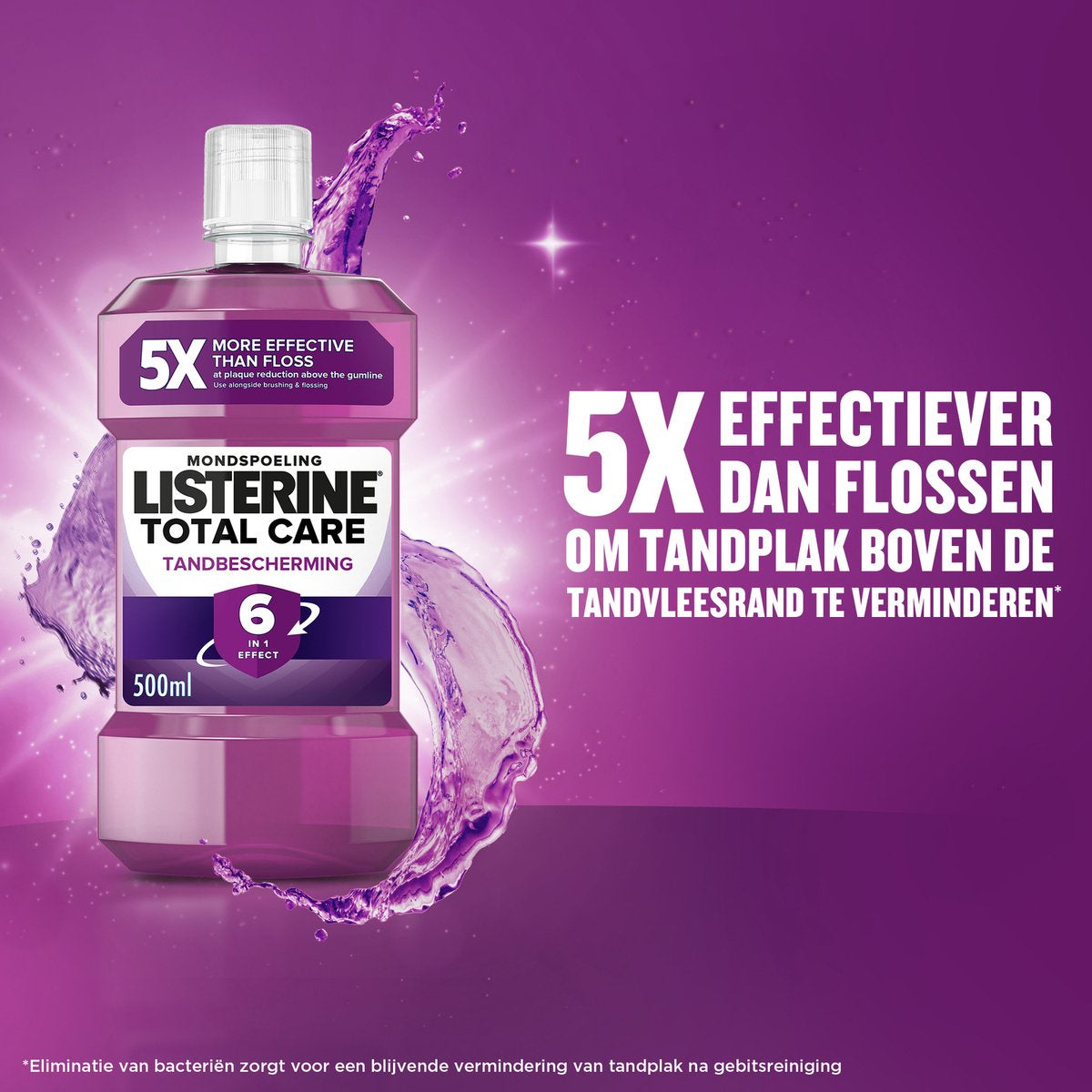Listerine Total Care Tandbescherming mondwater fles 500ml met tekst 5x effectiever dan flossen