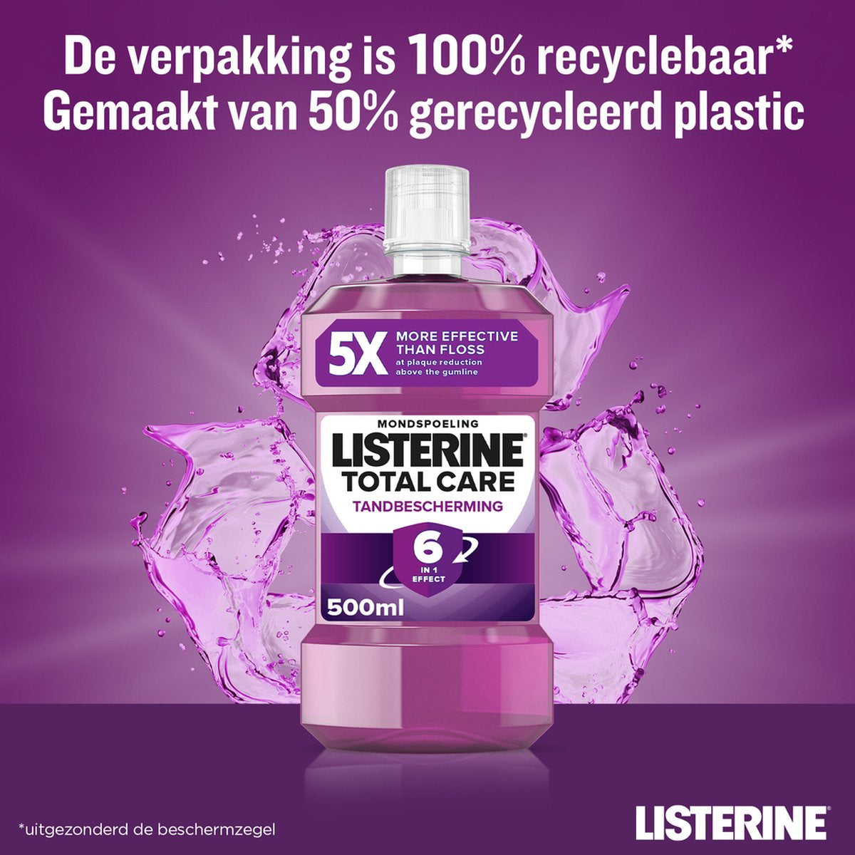 Listerine Total Care Tandbescherming fles 500ml, verpakking 100% recyclebaar en 50% gerecycled plastic