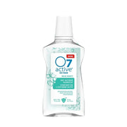O7 Active mondspoelmiddel mild mint, transparante fles met blauw-groen etiket