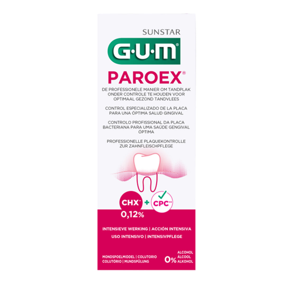 GUM Paroex mondspoelmiddel verpakking met CHX 0,12% en CPC vermelding