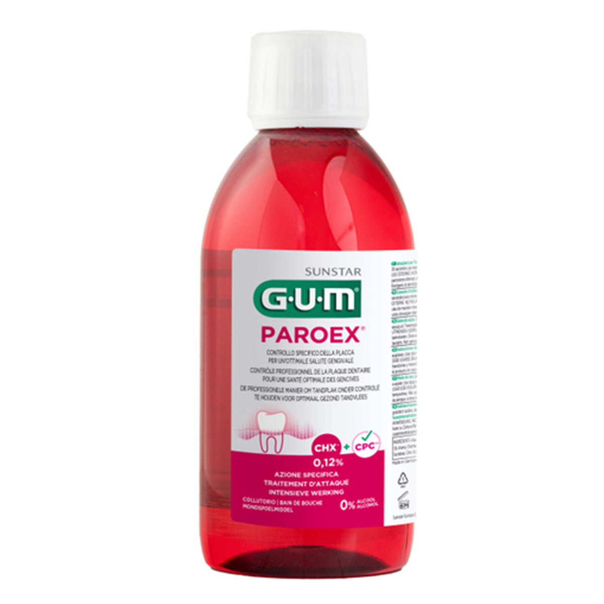 GUM Paroex mondspoelmiddel met CPC fles met etiket 0,12% CHX en CPC