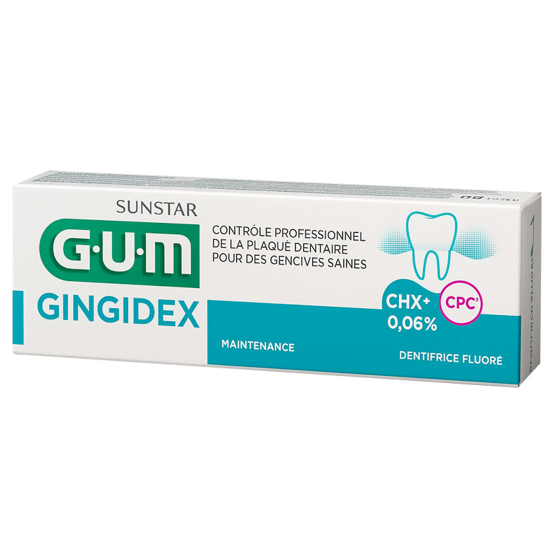 GUM Gingidex tandpasta verpakking met tekst dentifrice fluoré en CHX plus CPC