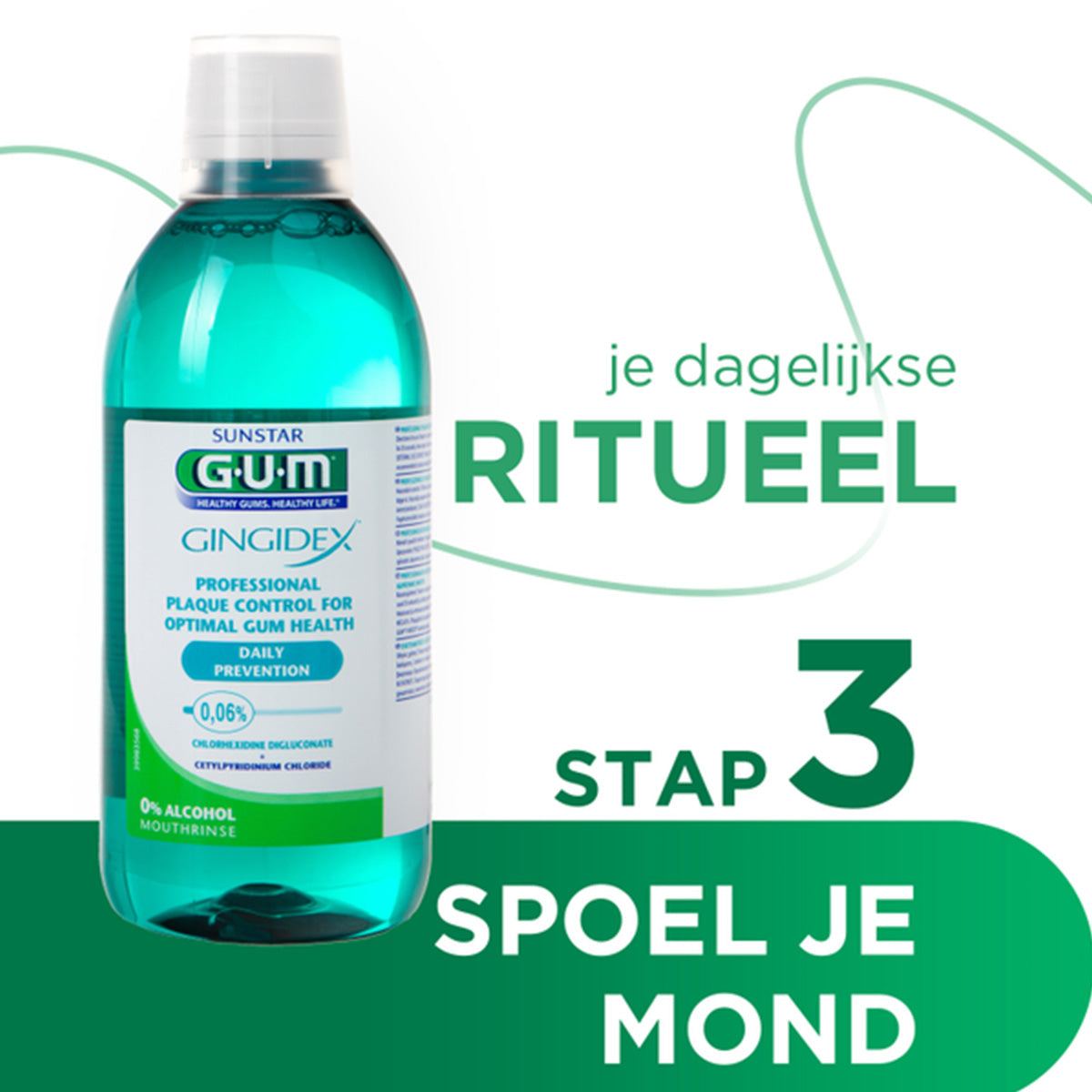 GUM Gingidex mondspoelmiddel fles met tekst stap 3 spoel je mond