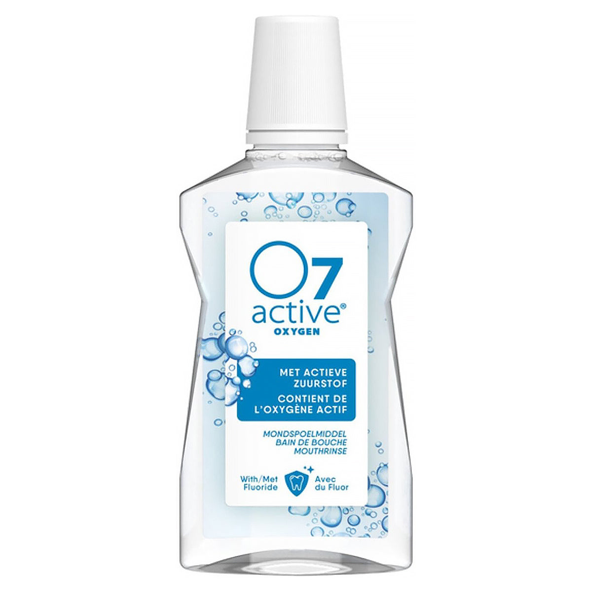 O7 Active Oxygen mondspoelmiddel, transparante fles met blauw etiket en fluoride