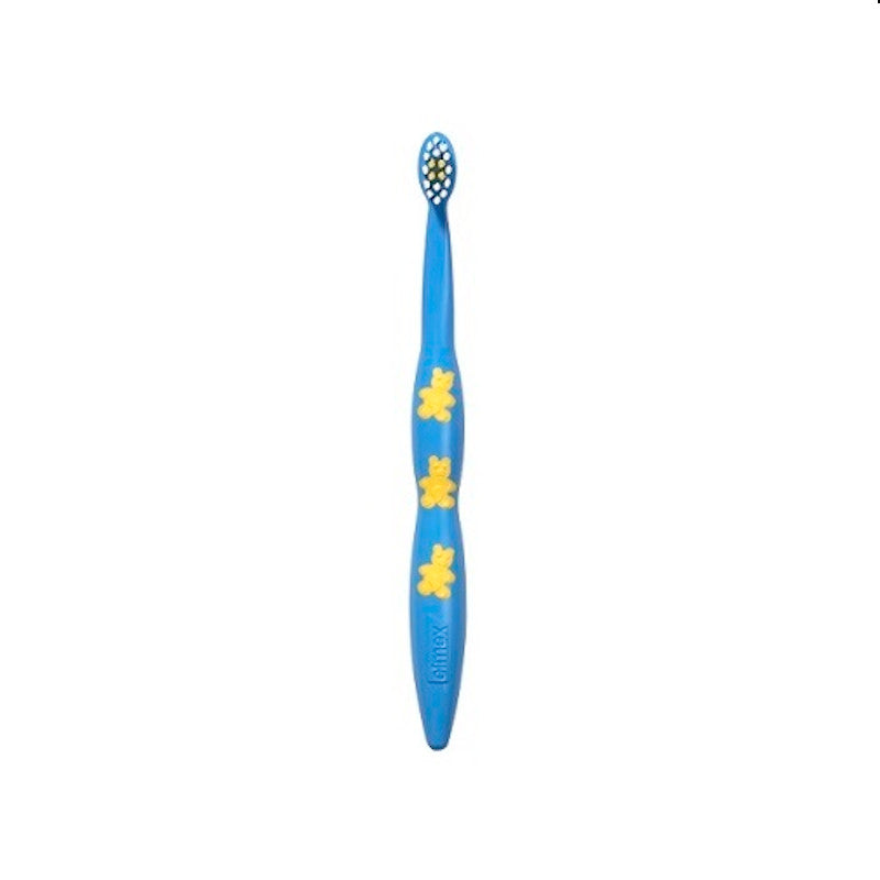 Elmex Leertandenborstel blauw met gele beertjes en kleine ronde kop