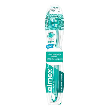Elmex Sensitive tandenborstel Extra Soft in verpakking, groen-wit met tip voor gevoelige tanden