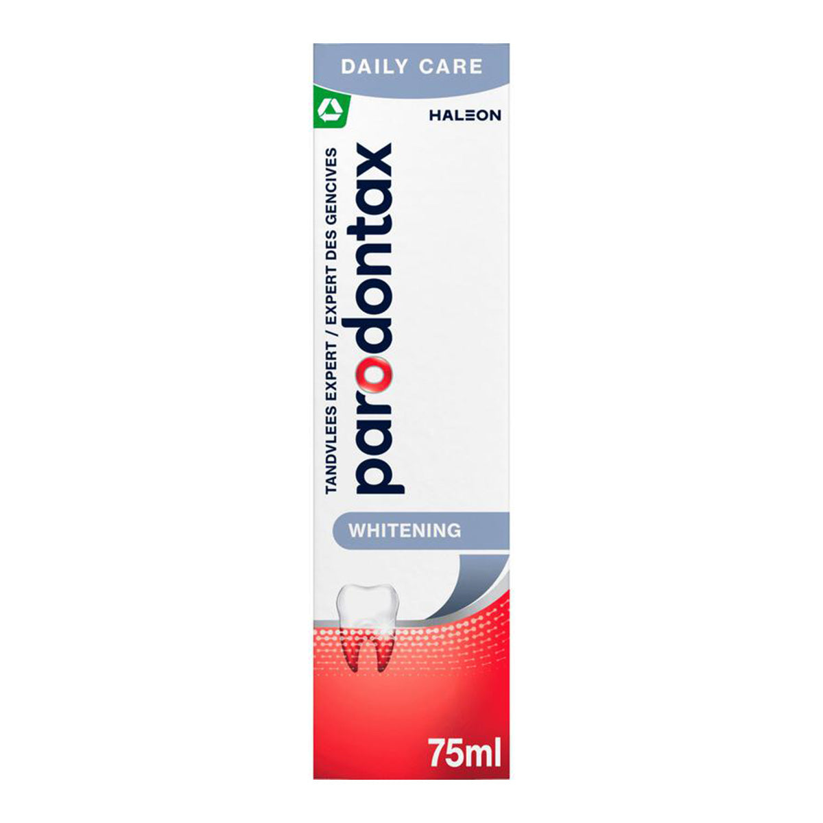 Parodontax Whitening tandpasta verpakking van 75 ml met tandafbeelding