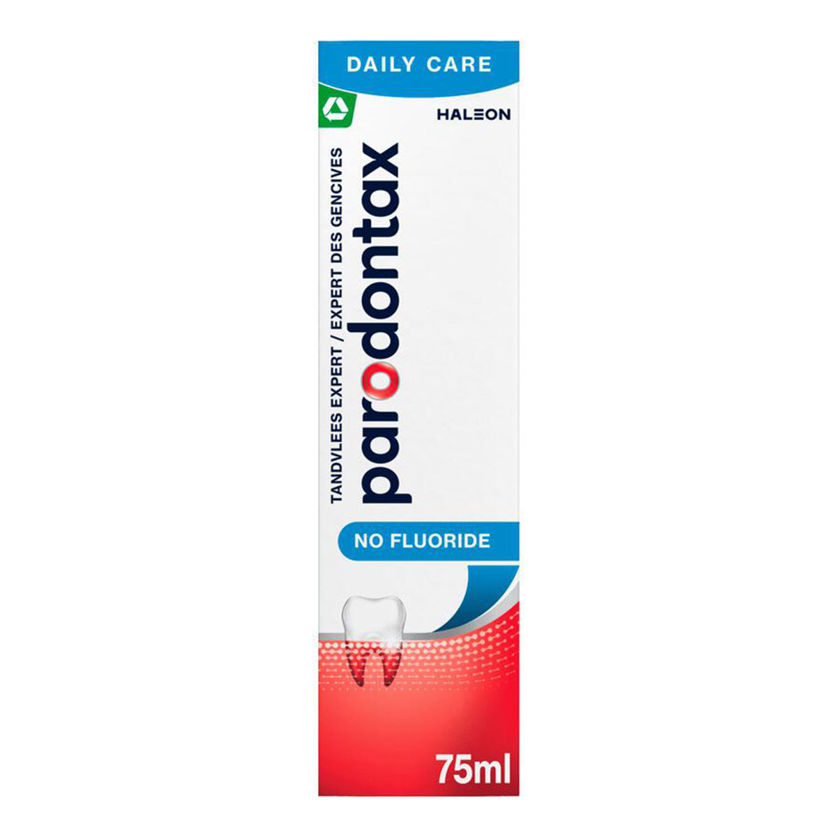 Parodontax No Fluoride tandpasta verpakking 75ml met Daily Care en tandlogo