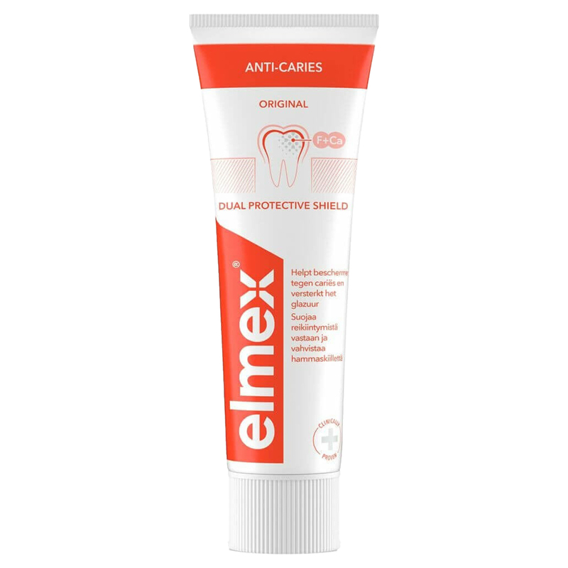Elmex Anti-Caries Original tandpasta tube met Dual Protective Shield tekst