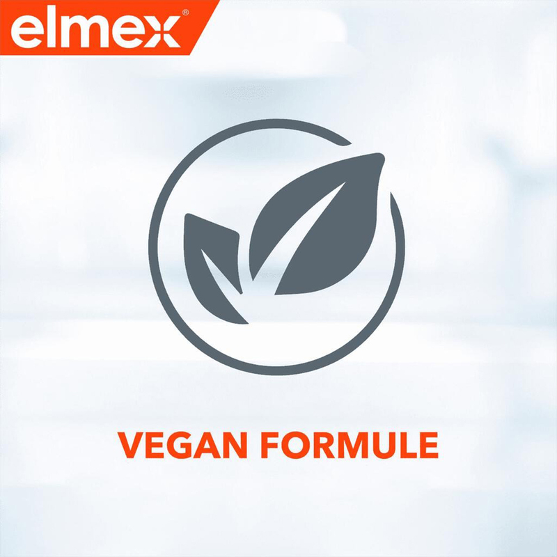 Elmex logo met bladicoon en tekst vegan formule