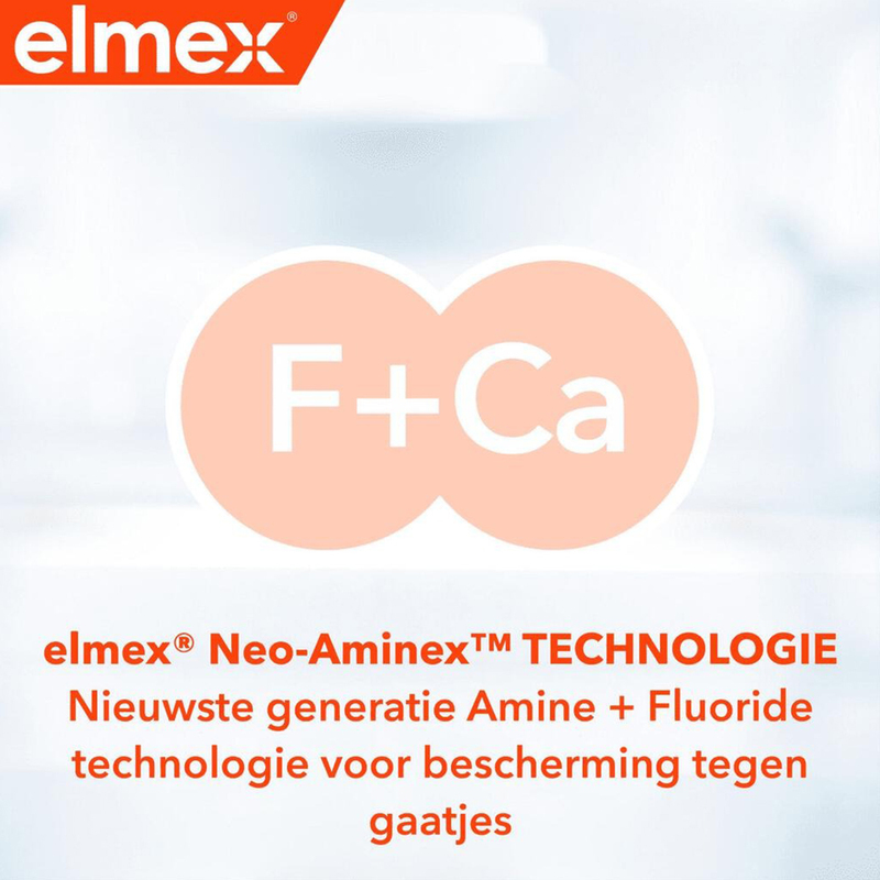 Elmex Anti-Caries tandpasta uitleg Neo-Aminex technologie met F+Ca symbool tegen gaatjes