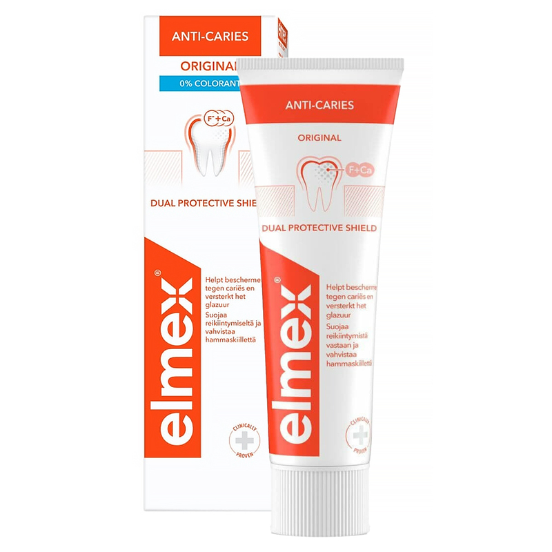 Elmex Anti-Caries Original tandpasta doosje en tube met tandafbeelding