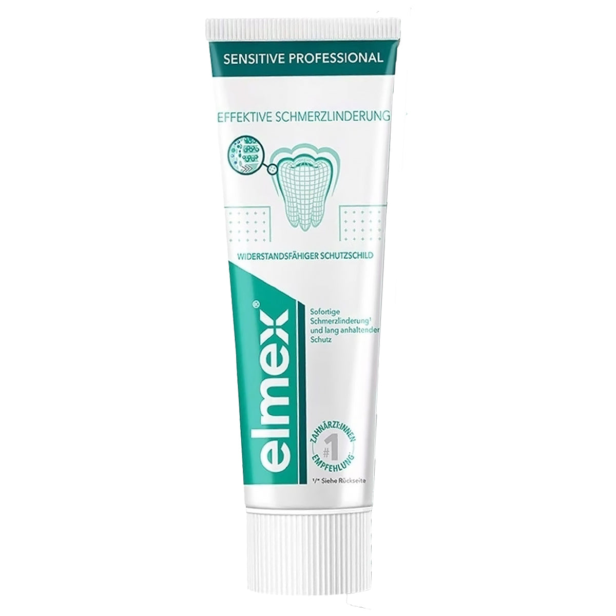 Elmex Sensitive Professional tandpasta tube met tekst effectieve schmerzlinderung en tandafbeelding