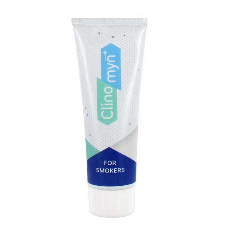 Clinomyn rokerstandpasta tube rechtop met dop, witte achtergrond
