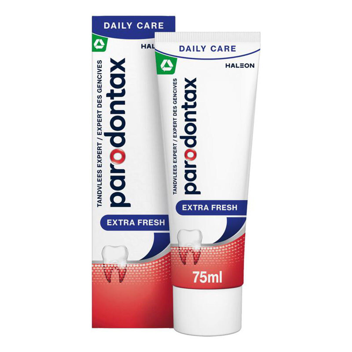 Parodontax Extra Fresh tandpasta verpakking en tube van 75ml