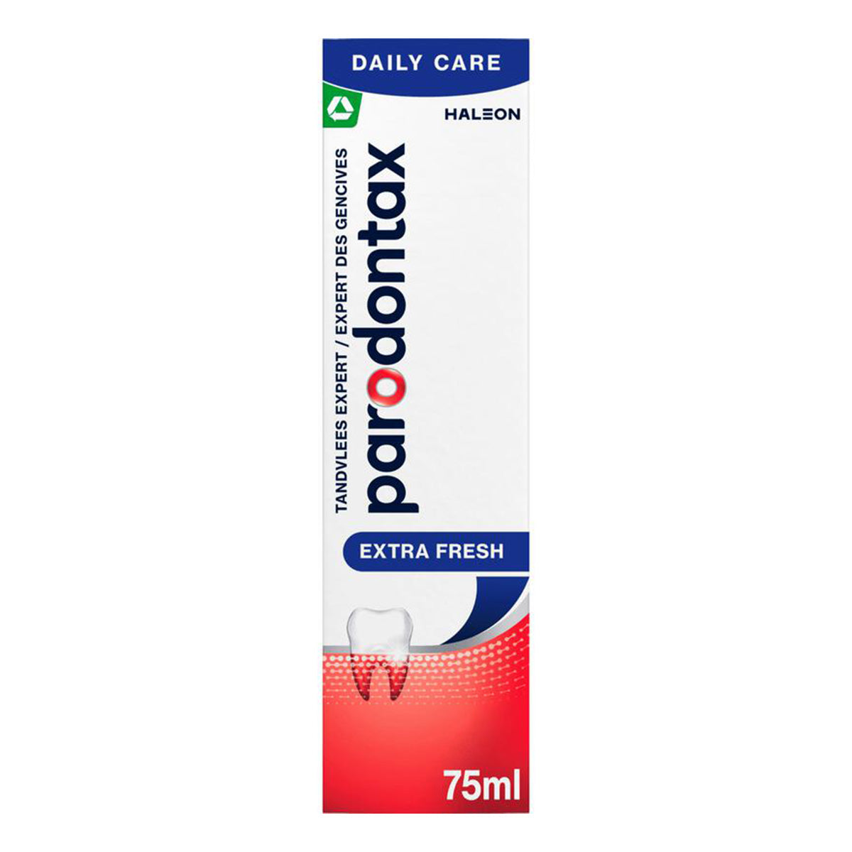 Parodontax Extra Fresh tandpasta verpakking Daily Care 75ml met tandafbeelding