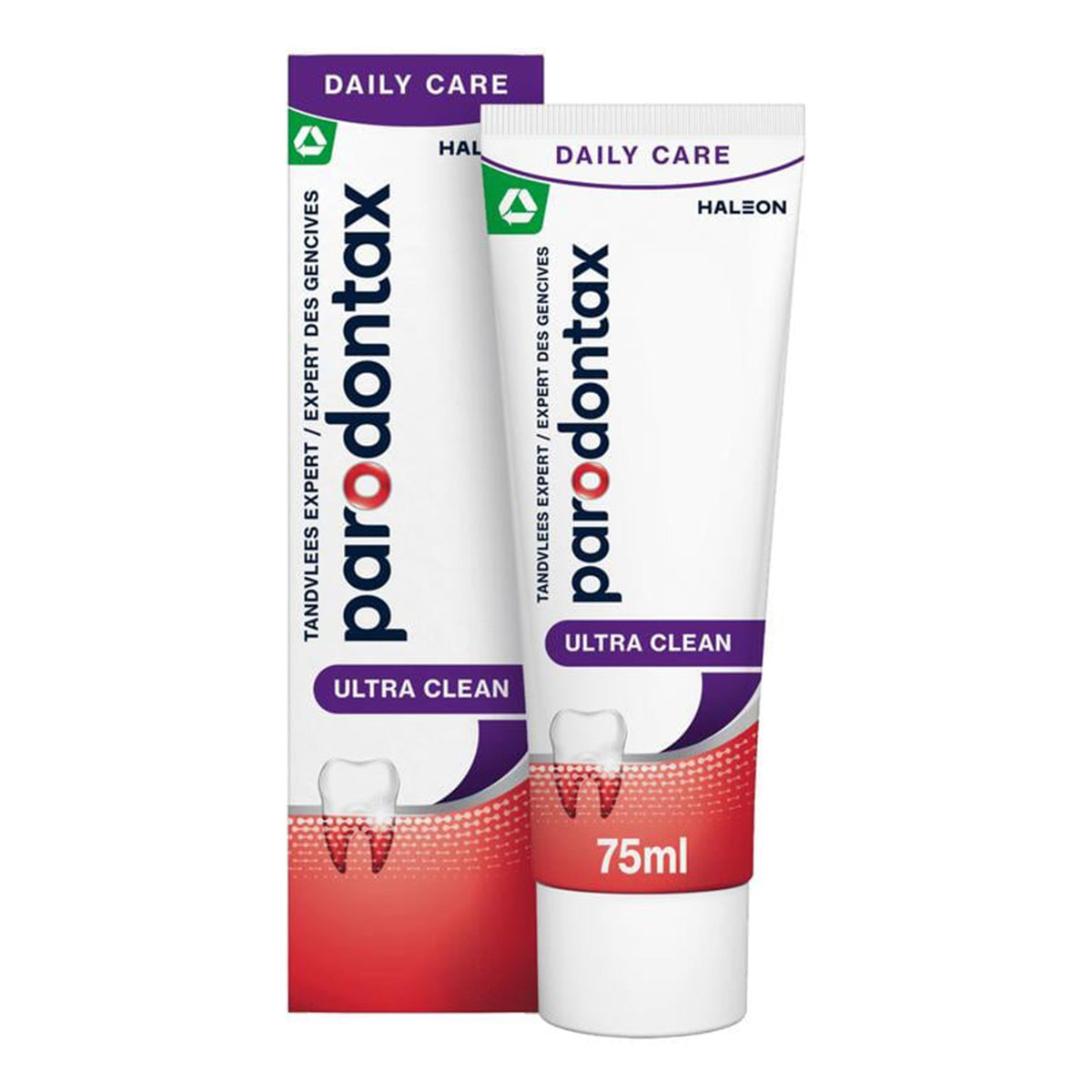Parodontax Ultra Clean tandpasta verpakking en tube van 75 ml naast elkaar