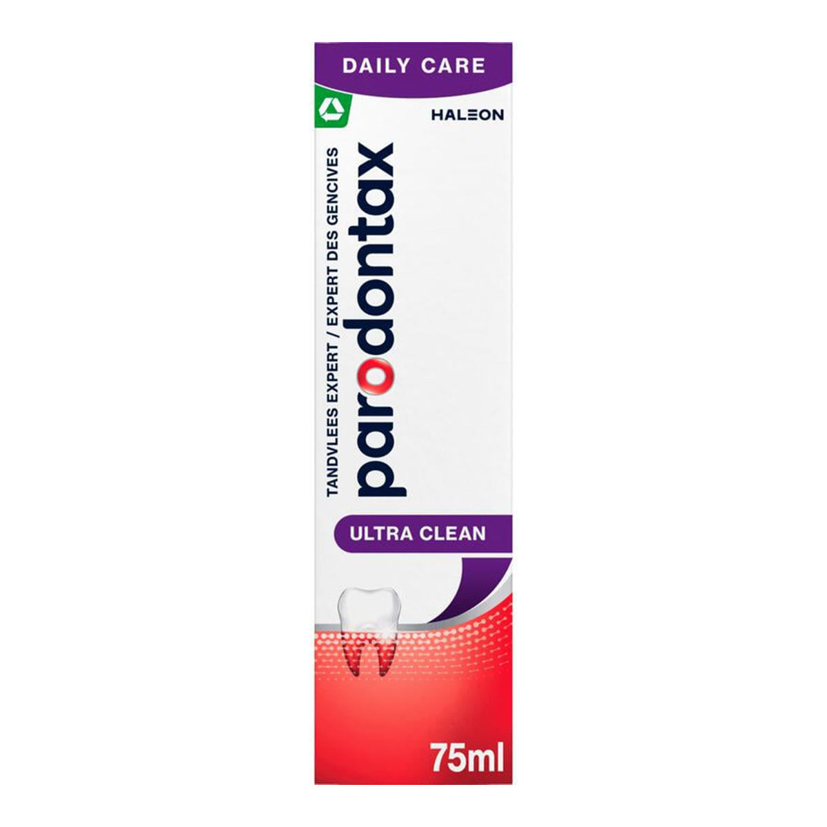 Parodontax Ultra Clean tandpasta verpakking met tandlogo, 75ml, Daily Care