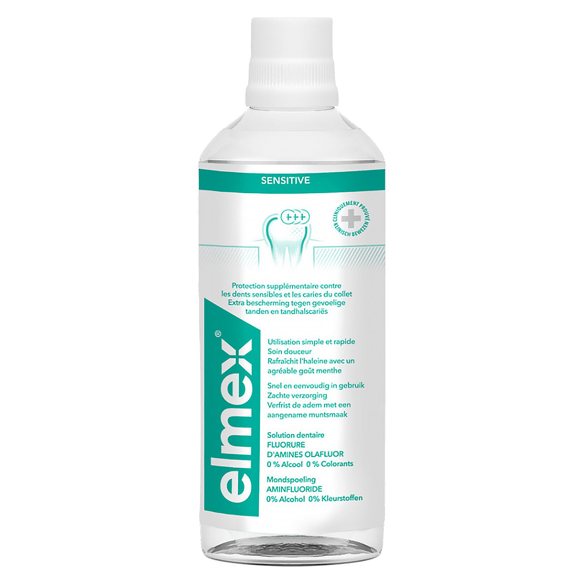 Elmex Sensitive mondwater fles met groen-wit etiket en tandbescherming symbool