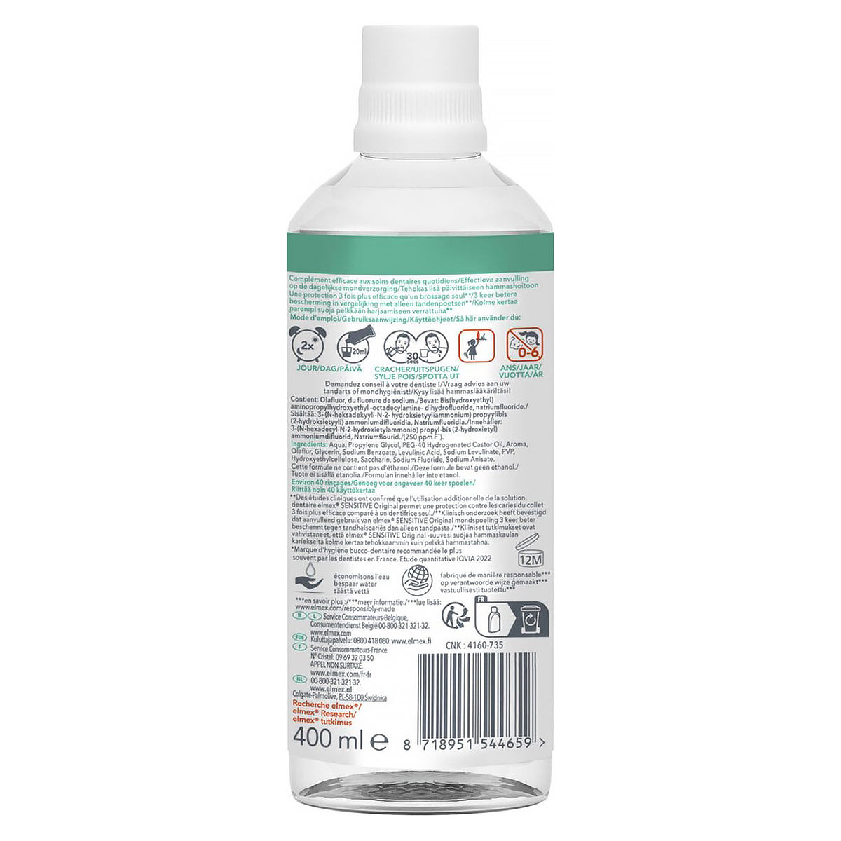 Elmex Sensitive mondwater, achterzijde fles met gebruiksaanwijzing en ingrediënten, 400 ml