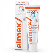 Elmex Anti-Caries Mentholvrij tandpasta verpakking en tube naast elkaar