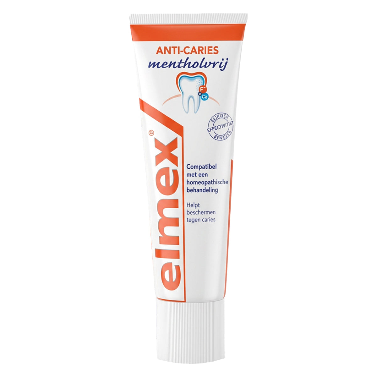 Elmex Anti-Caries Mentholvrij tandpasta tube met dop rechtop staand