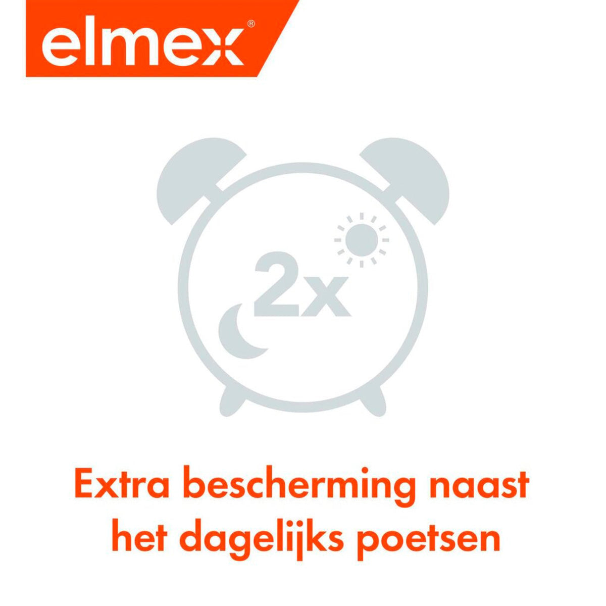 Elmex icoon 2x daags gebruik met tekst extra bescherming naast poetsen