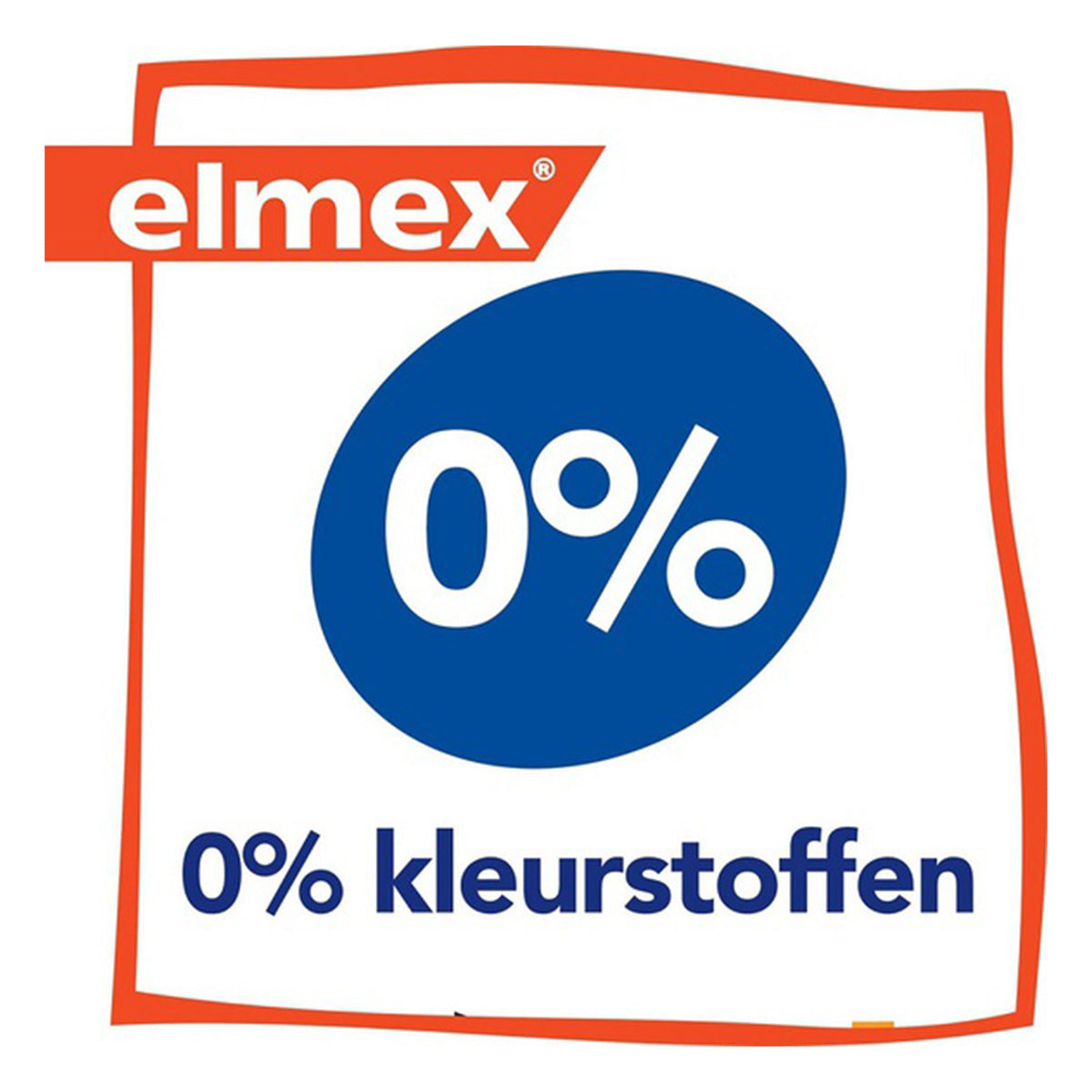 Elmex logo met blauw label 0% kleurstoffen