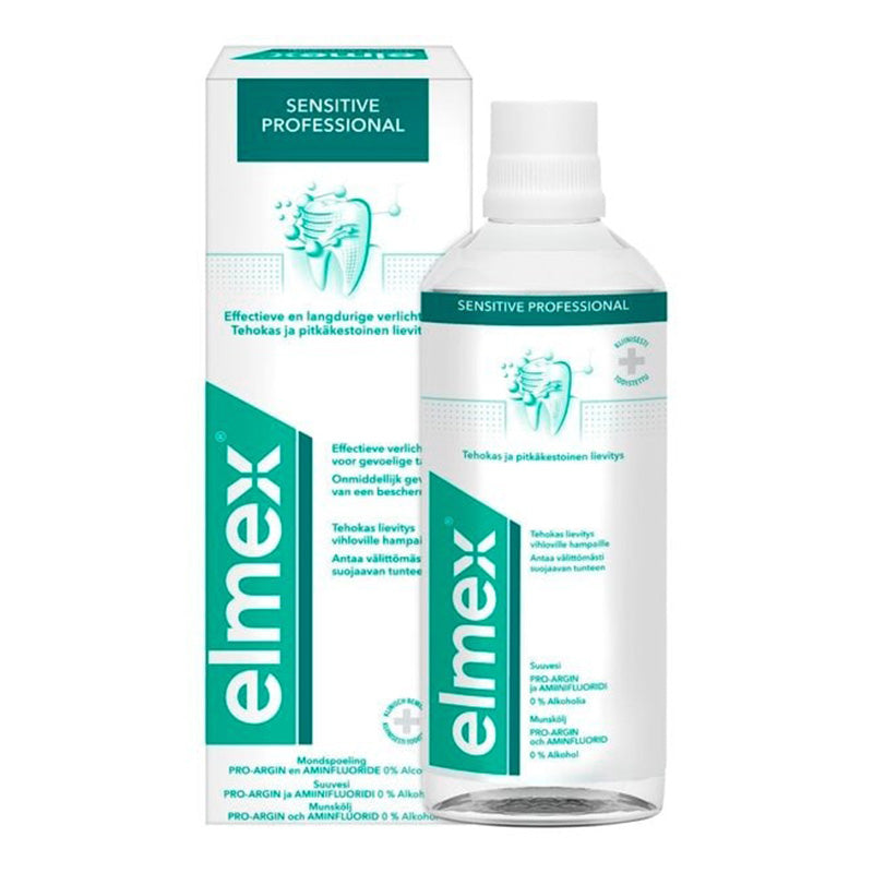 Elmex Sensitive Professional tandspoeling fles met verpakking ernaast