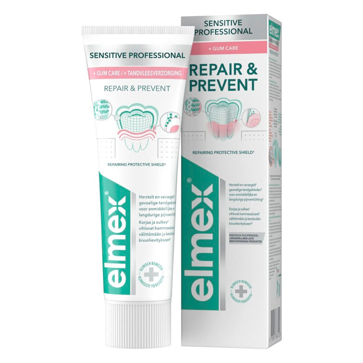 Elmex Sensitive Professional Repair&Prevent tandpasta tube naast verpakking