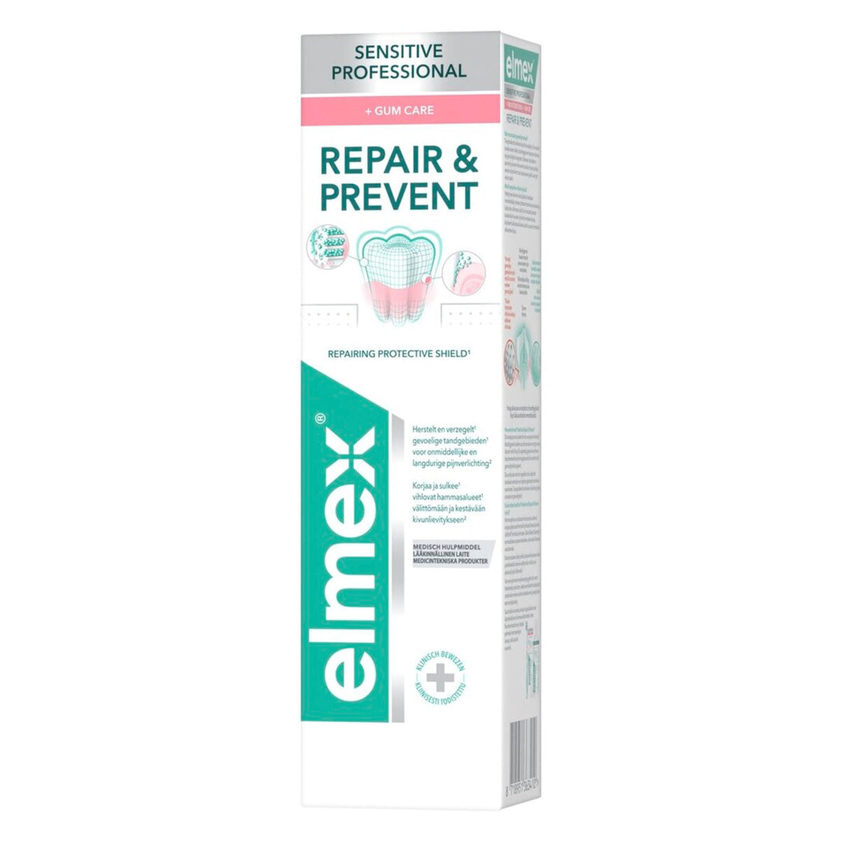 Elmex Sensitive Professional Repair & Prevent tandpasta, zijaanzicht verpakking met tekst