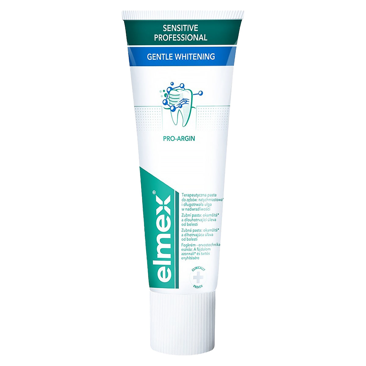 Elmex Sensitive Gentle White tandpasta tube met Pro-Argin en tandafbeelding